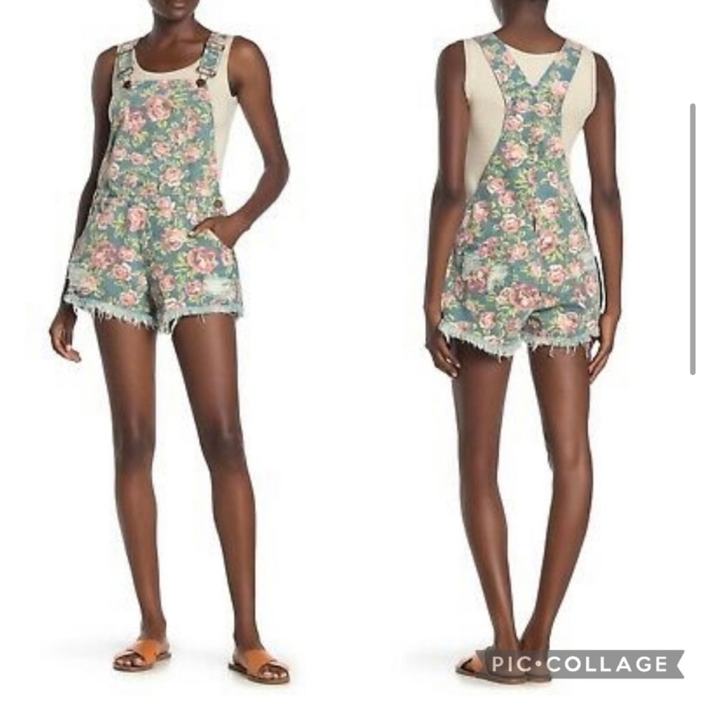 Show Me Your MuMu Overalls Cut-Off Shorts Sz S Blue Pink Frayed Hem Festival